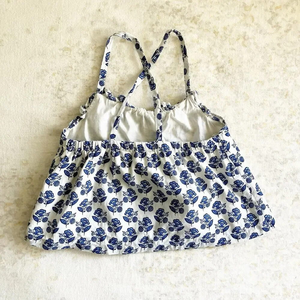 Janie and Jack 4 Top Floral Print Blue White Sleeveless Lined Spaghetti Strap